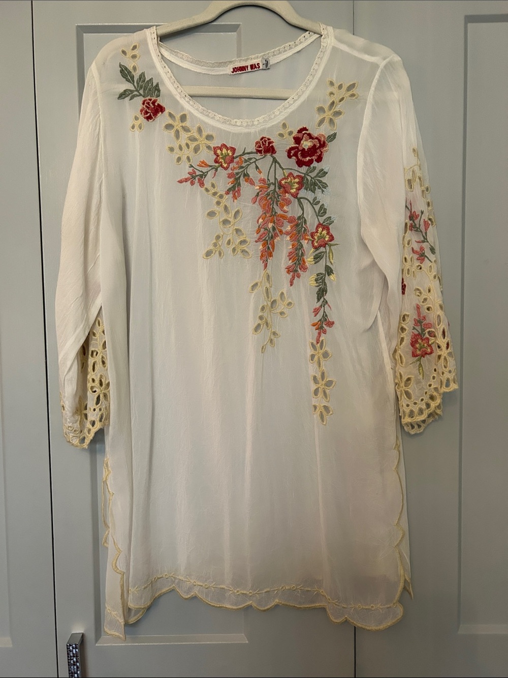 Johnny Was White Sheer Tunic with Floral Embroidery